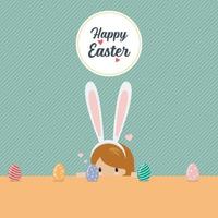 carino poco ragazza indossare coniglietto orecchie giocando uovo caccia su Pasqua vettore