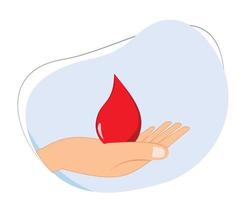 mano Tenere un' far cadere di sangue. mondo sangue donatore giorno. sangue donatori. sangue donazione illustrazione. donatore logo. sangue donazione icona. sangue far cadere logo vettore