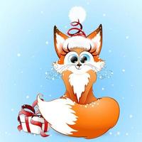 carino soffice Zenzero cartone animato Volpe ragazza seduta sotto nevicata nel Santa cappello e con Natale regalo scatola. vettore