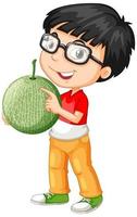 ragazzo nerd tenendo il frutto del melone in posizione eretta vettore