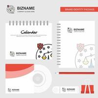 giustizia logo calendario modello CD copertina diario e USB marca stazionario pacchetto design vettore modello