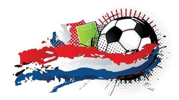 nero e bianca calcio palla circondato di rosso, bianca e blu macchie formatura il bandiera di il Olanda con un' calcio campo nel il sfondo. vettore Immagine