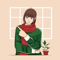 contento giovane ragazza indossare maglione mostrando qualcosa con sua dito vettore illustrazione professionista Scarica