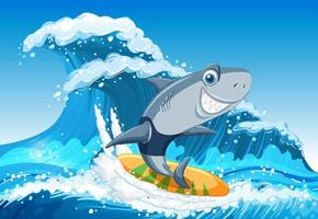 carino squalo cartone animato personaggio fare surf oceano scena vettore