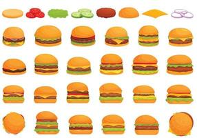 Hamburger icone impostato cartone animato vettore. hamburger cibo vettore