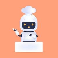 bianca amichevole capocuoco robot con cibo su tavolo. cucinando robot artificiale intelligenza concetto. vettore