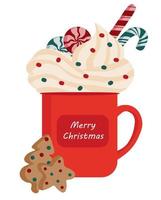 illustrazione di rosso Natale boccale con frustato crema, Lecca-lecca, caramella canna. sotto siamo Pan di zenzero biscotti nel il modulo di Natale albero e stella, decorato con spruzzatori. allegro Natale su il tazza vettore