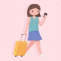 donna turistica con la valigia utilizzando smartphone vettore