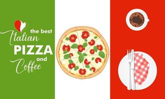 caldo caffè e Pizza Margherita su il sfondo di il italiano bandiera. italiano veloce cibo. Italia merenda con pomodori, basilico e Mozzarella formaggio. piatto vettore illustrazione