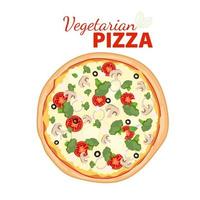 Pizza con pomodoro, broccoli, basilico, olive, funghi e cipolla. vegetariano Pizza superiore Visualizza. caldo Pizza con verdure isolato su bianca sfondo. piatto vettore illustrazione