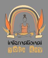 internazionale yoga giorno vettore. meditazione pratica yoga colorato fitness concetto. un' ragazza si siede nel un' loto posizione, medita sotto il arcobaleno. boho styled design vettore