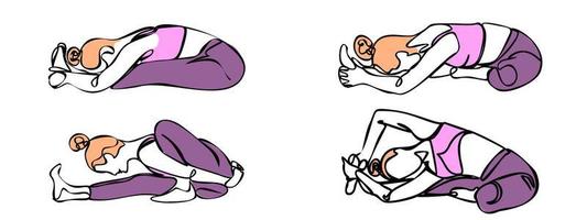 collezione di yoga pose icone isolato su bianca sfondo. sagome di donna fare yoga e fitness esercizi. vettore icone di flessibile ragazza allungamento e rilassante sua corpo nel diverso pose.