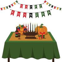 contento kanzaa. un' festivo tavolo con un' intrecciata stuoia, unità tazza, Kinara, i regali e un' frutta cestino. festeggiare il africano americano vacanza di kanzaa. cartone animato vettore illustrazione su un' bianca sfondo