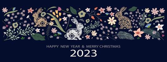 2023 contento nuovo anno e mery Natale bandiera, vettore bellissimo saluto carta o fondale per carta tagliare conigli con carino multicolore di primavera fiori e altro elementi su blu sfondo.