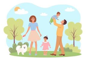 contento famiglia a piedi nel il parco. madre, padre, figlia, figlio e un' cane trascorrere tempo insieme. famiglia giorno, attivo fine settimana, salutare stile di vita, genitorialità, all'aperto ricreazione, grande famiglia concetto vettore