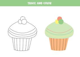 tracciare e colore cartone animato cupcake. foglio di lavoro per bambini. vettore