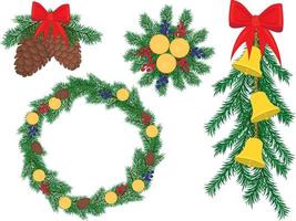 Natale e nuovo anno decorazioni con abete rami, giocattoli e campane vettore illustrazione