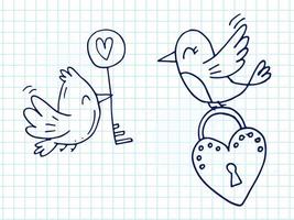 impostato di carino disegnato a mano scarabocchio elementi di amore. Messaggio adesivi per app. icone per san valentino giorno, romantico eventi e nozze. scacchi taccuino. uccelli con serratura e chiave nel il forma di cuore. vettore