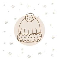 un abbigliamento invernale disegnato a mano. illustrazione vettoriale in stile doodle. umore invernale. ciao 2023. buon natale e felice anno nuovo. cappello marrone con ornamento e pompon su sfondo bianco con fiocchi di neve.