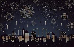 scenario di fuochi d'artificio sopra una silhouette di edifici della città vettore