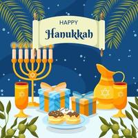 hanukkah celebrazione con menorah e i regali vettore