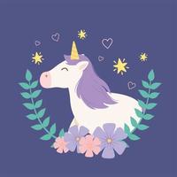 personaggio dei cartoni animati di unicorno magico con foglie e fiori vettore