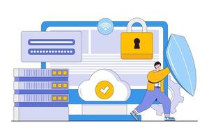 piatto protezione di personale dati, nube Conservazione di informazione, utente autorizzazione, nube Conservazione concetto. schema design stile illustrazione per atterraggio pagina, ragnatela striscione, infografica, eroe immagini vettore