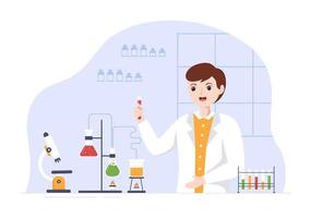 Laboratorium con conduzione ricerca scientifico, sperimentazione e misurazione nel un' laboratorio nel piatto cartone animato mano disegnato modelli illustrazione vettore