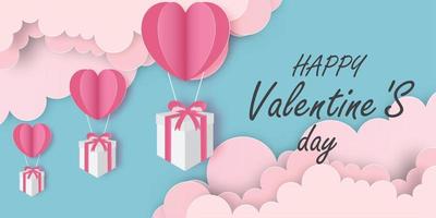 contento San Valentino giorno regalo scatole con cuore Palloncino galleggiante nel nube .banner,sfondo, manifesto, ,carta tagliare stile. vettore illustrazione.