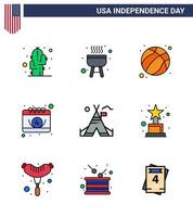 imballare di 9 Stati Uniti d'America indipendenza giorno celebrazione piatto pieno Linee segni e 4 ° luglio simboli come come campo tenda gratuito palla giorno calendario modificabile Stati Uniti d'America giorno vettore design elementi