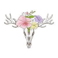 teschio di cervo con fiori, disegno disegnato a mano vettore