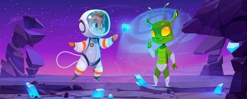 carino astronauta e alieno personaggi su pianeta vettore