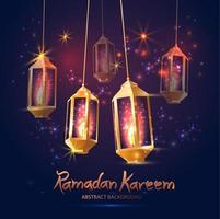 sfondo di ramadan kareem con fanoos di lampade 3d vettore