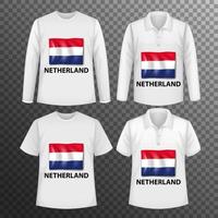 set di diverse camicie maschili con schermo bandiera olandese su camicie isolate vettore