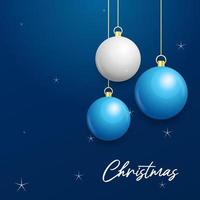 Natale blu sfondo con sospeso splendente bianca e argento palle. allegro Natale saluto carta vettore