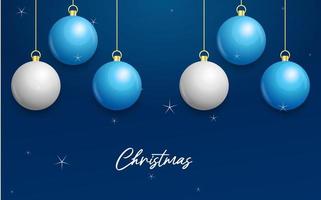 Natale blu sfondo con sospeso splendente bianca e argento palle. allegro Natale saluto carta vettore