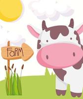 mucca carina con cartello in legno, animali da fattoria vettore