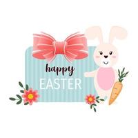 contento Pasqua regalo etichetta e etichetta con carino cartone animato arco, uovo, carote e coniglietto vettore