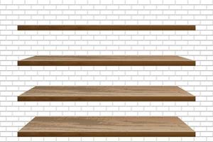 scaffali di legno vuoti realistici sul muro di mattoni bianchi vettore
