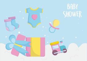 carta di baby shower con simpatici giocattoli vettore