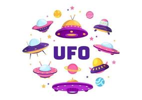 ufo volante navicella spaziale con raggi di leggero nel cielo notte città Visualizza e alieno nel piatto cartone animato mano disegnato modelli illustrazione vettore