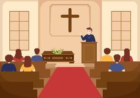 pastore dando un' sermone di Dio nel tonaca a un' cattolico Chiesa a partire dal pulpito e battesimo nel piatto cartone animato mano disegnato modelli illustrazione vettore