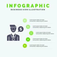 uomo opera lavoro dollaro solido icona infografica 5 passaggi presentazione sfondo vettore