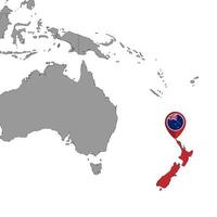 mappa pin con la bandiera della Nuova Zelanda sulla mappa del mondo. illustrazione vettoriale. vettore