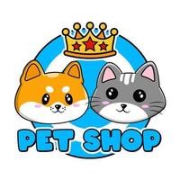 animale domestico negozio logo carino personaggio cane e gatto corona cartone animato illustrazione vettore