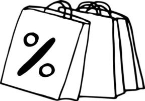 shopping borse con percentuale cartello icona. schizzo mano disegnato scarabocchio stile. minimalismo monocromo. sconti, negozio, vendita vettore