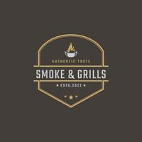 Vintage ▾ retrò distintivo emblema griglia barbeque bbq fuoco fiamma logo design lineare stile vettore