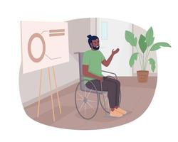 Disabilitato uomo fabbricazione presentazione 2d vettore isolato illustrazione. uomo d'affari nel sedia a rotelle piatto personaggio su cartone animato sfondo. colorato modificabile scena per mobile, sito web, presentazione