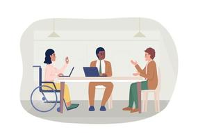 Disabilitato donna a incontro 2d vettore isolato illustrazione. inclusione nel attività commerciale piatto personaggi su cartone animato sfondo. diversità colorato modificabile scena per mobile, sito web, presentazione