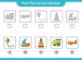 trova il corretta ombra. trova e incontro il corretta ombra di piramide giocattolo, treno, aquilone, aereo, e barca. educativo bambini gioco, stampabile foglio di lavoro, vettore illustrazione